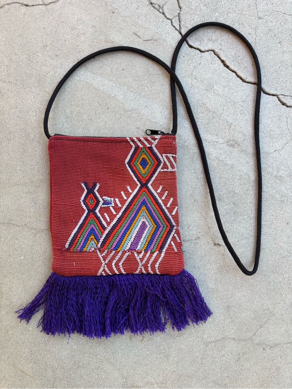 Artisan Hand Woven Boho Crossbody Passport Bag with Fringe Accent